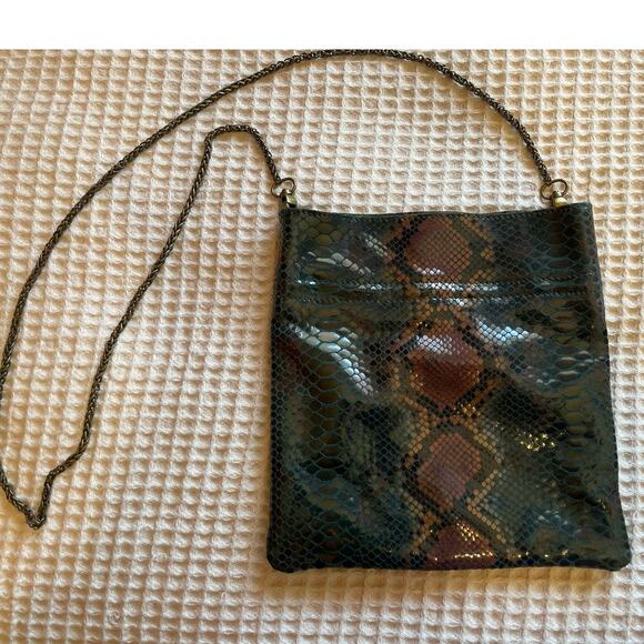 Free People Leather Cross Body Green & Brown Sneak Print Magnetic Closure Purse - Picture 14 of 16